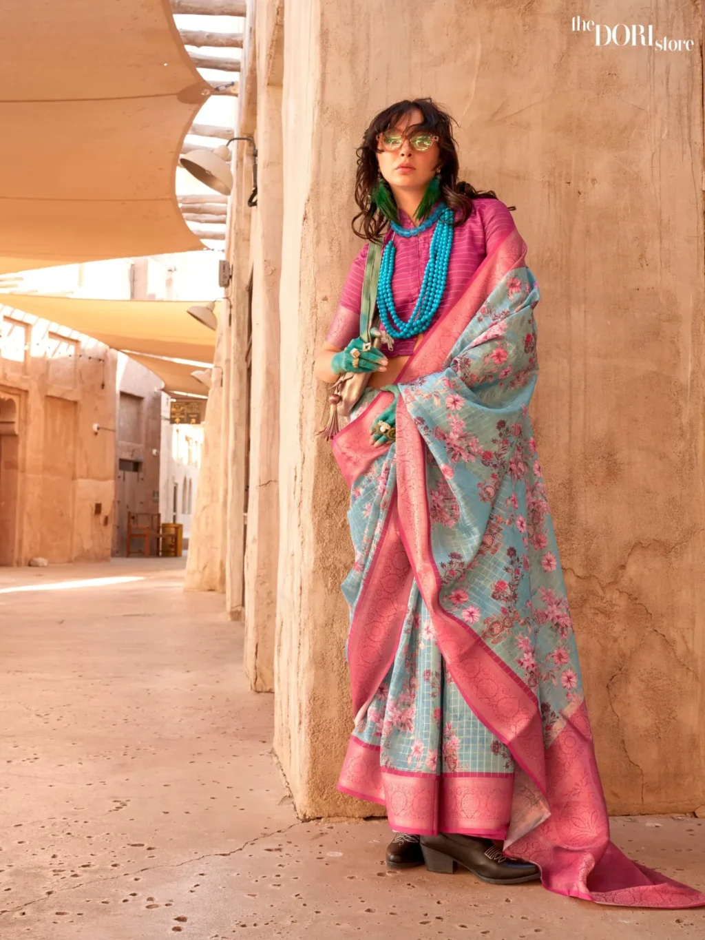 Pinkish Light Blue Handloom Printed Georgette Silk Saree - party wear saree
