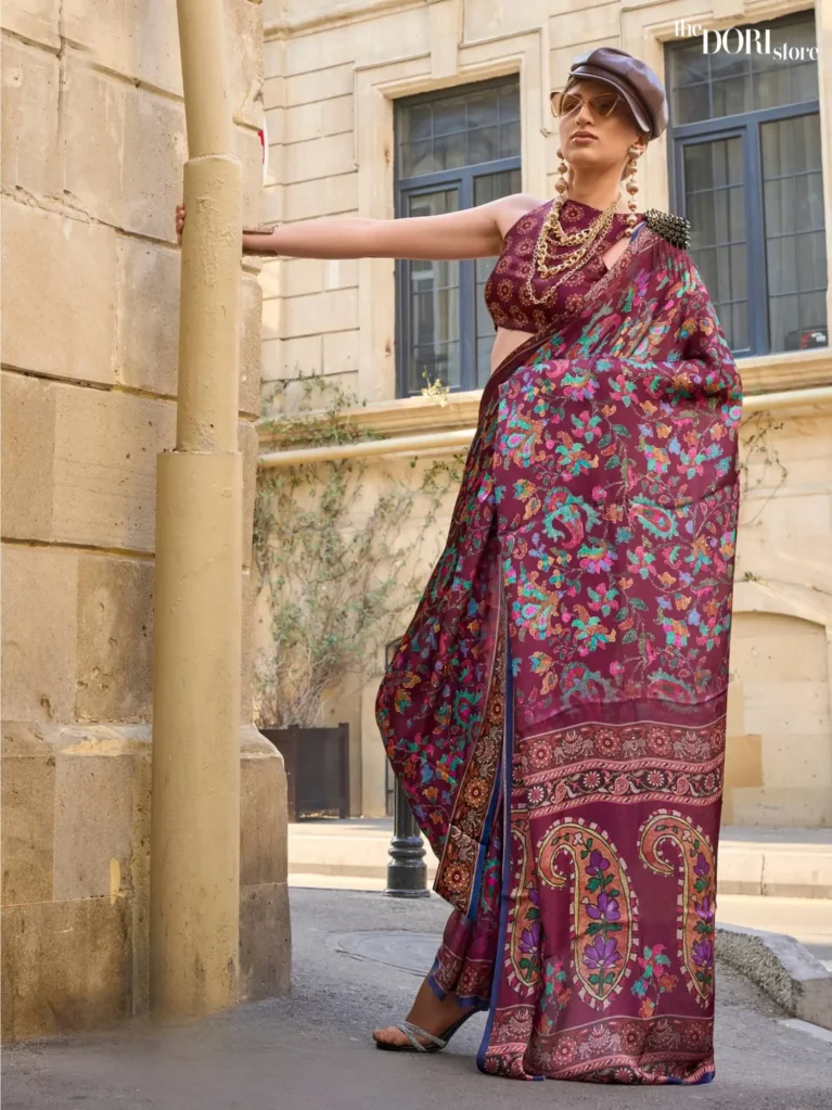 Rich Maroon Printed Satin Georgette Silk Saree - party wear saree