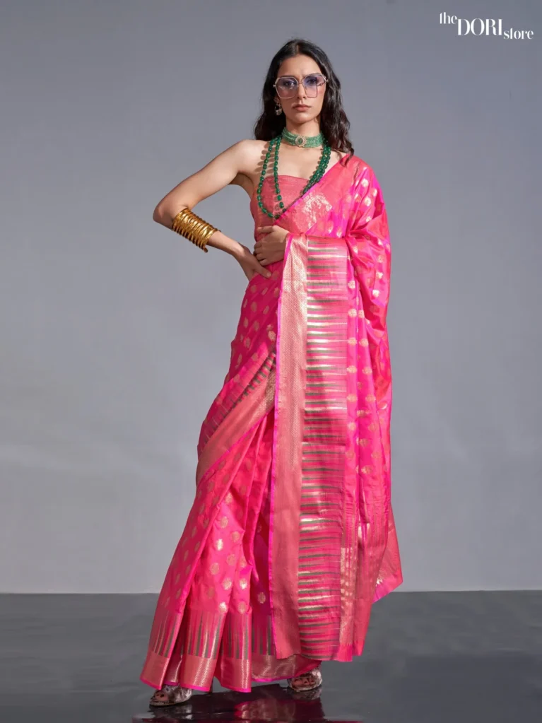 Rose Pink Zari Woven Pure Handloom Banarasi Silk Saree - party wear saree