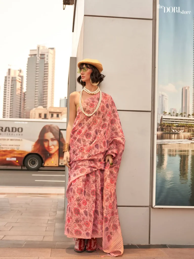Beautiful Peach Pink Printed Soft Silk Woven Saree - party wear saree