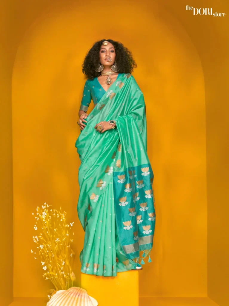 Turquoise Blue Tussar Handloom Banarasi Silk Saree - party wear saree