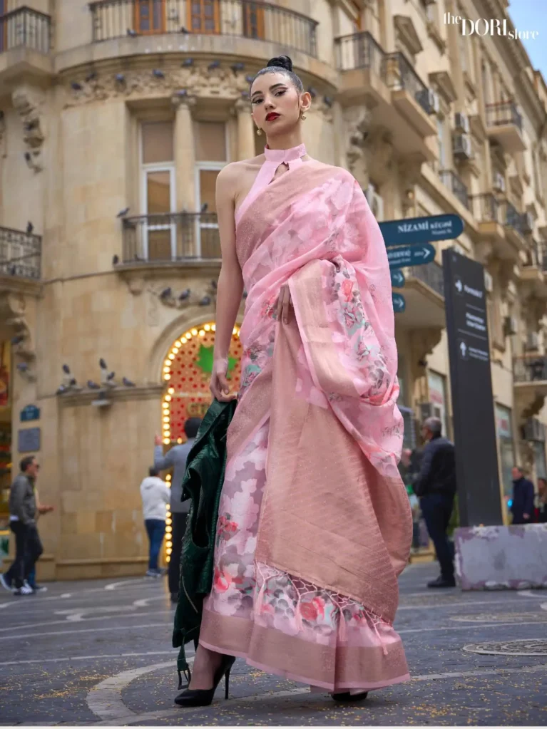 Lotus Pink Border Brasso Poly Printed Saree  - party wear saree
