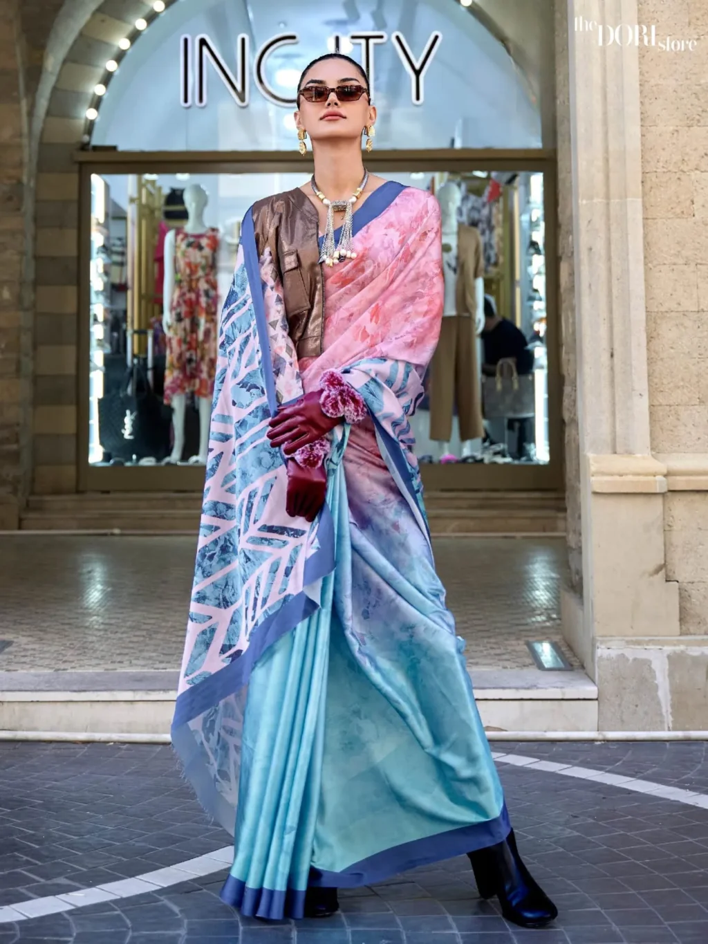 Pinkish Blue Digital Print Satin Crepe Silk Saree - party wear saree