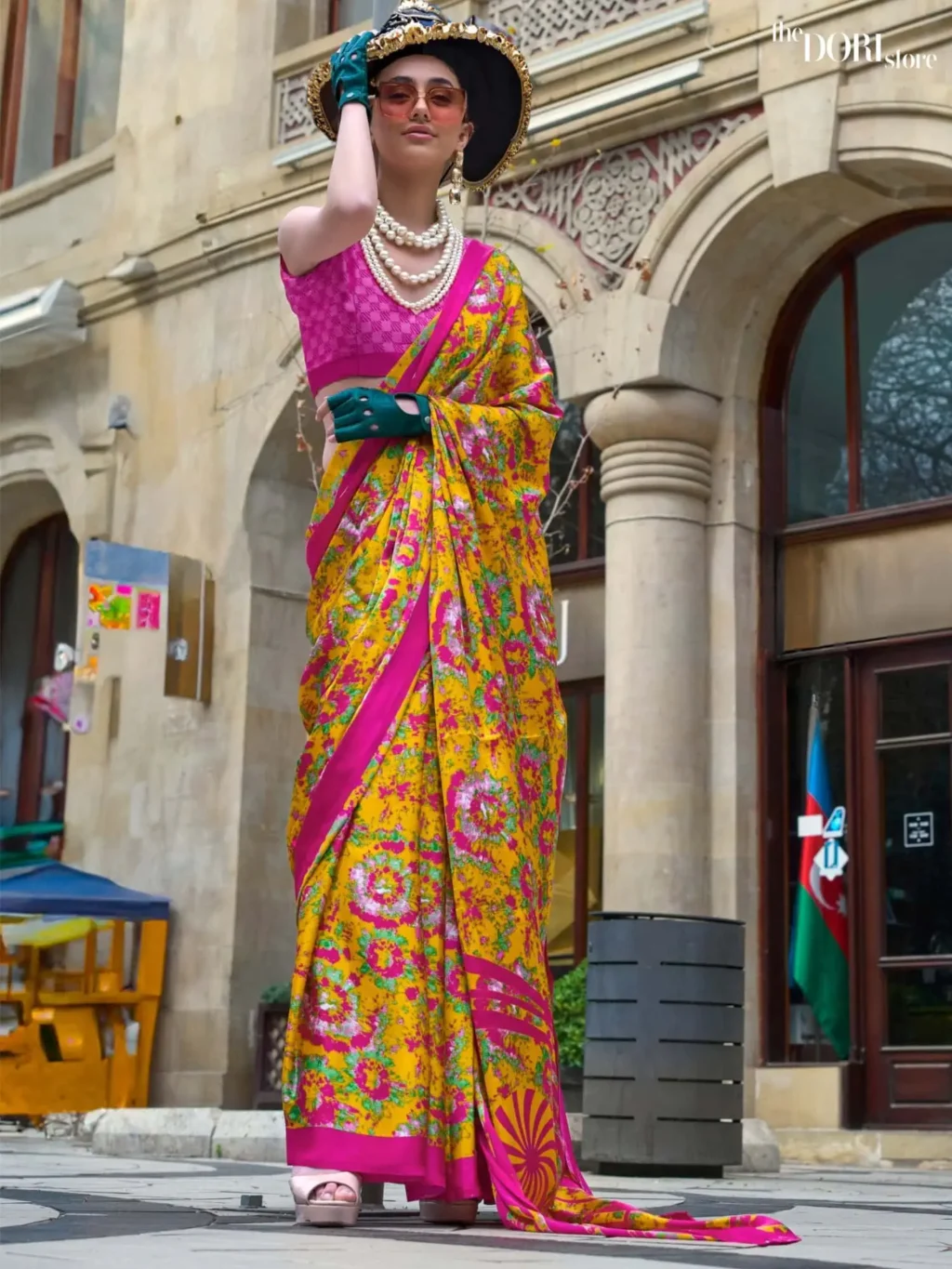 Pinkish Yellow Satin Printed Crepe Silk Saree - party wear saree