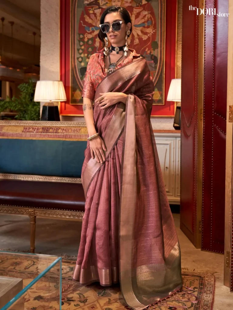 Dry Rose Red Moss Chiffon Silk Saree with Contrast Blouse  - party wear saree