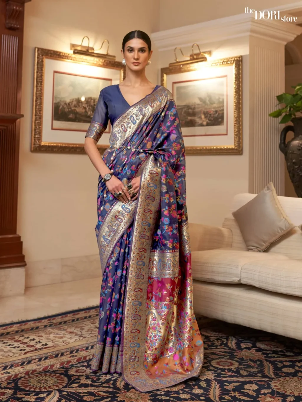 Ethnic Blue Kashmiri Jamewar Silk Saree - party wear saree