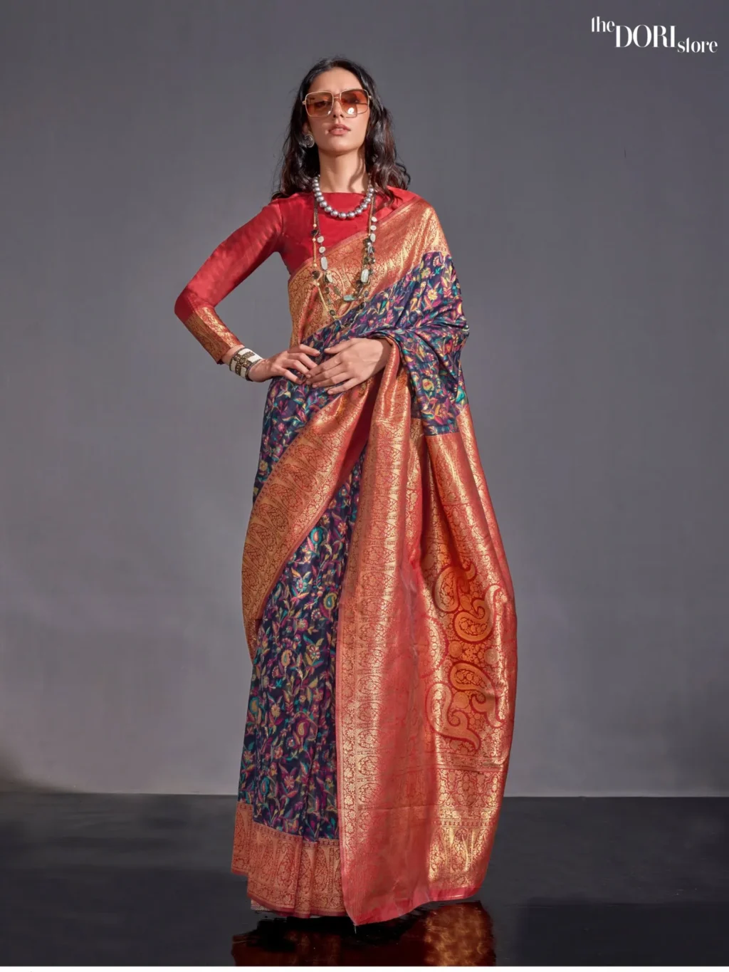 Red and Blue Modal Kashmiri Woven Silk Saree - party wear saree