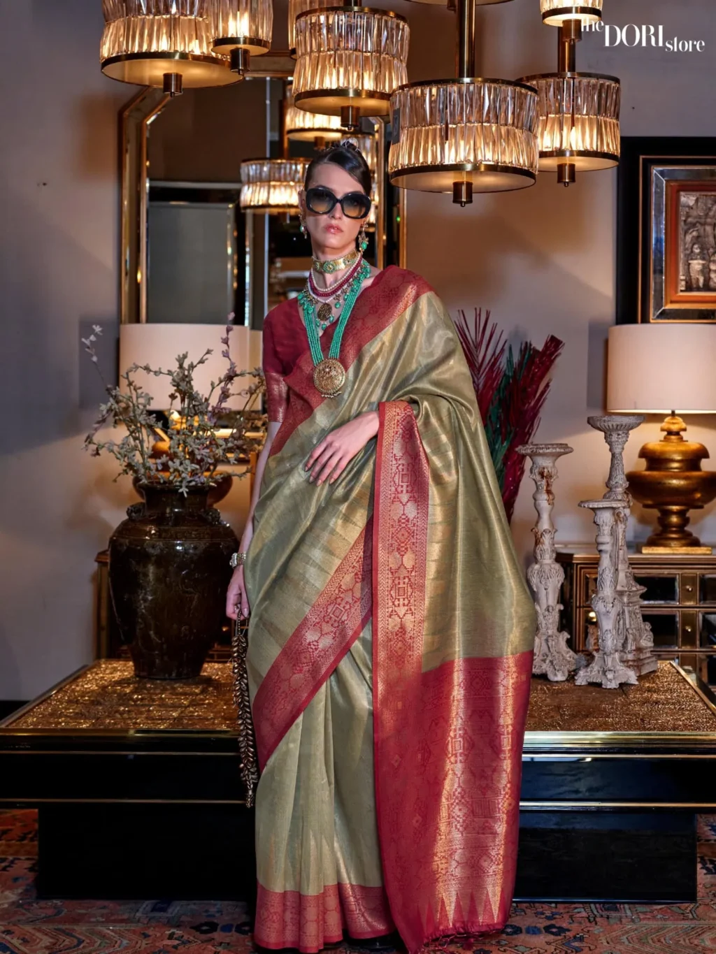 Olive Green Zari Handloom Tissue Silk Saree - party wear saree