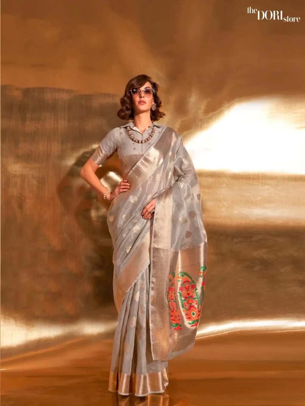 Korra Steel Grey Zari Banarasi Paithani Silk Saree - party wear saree