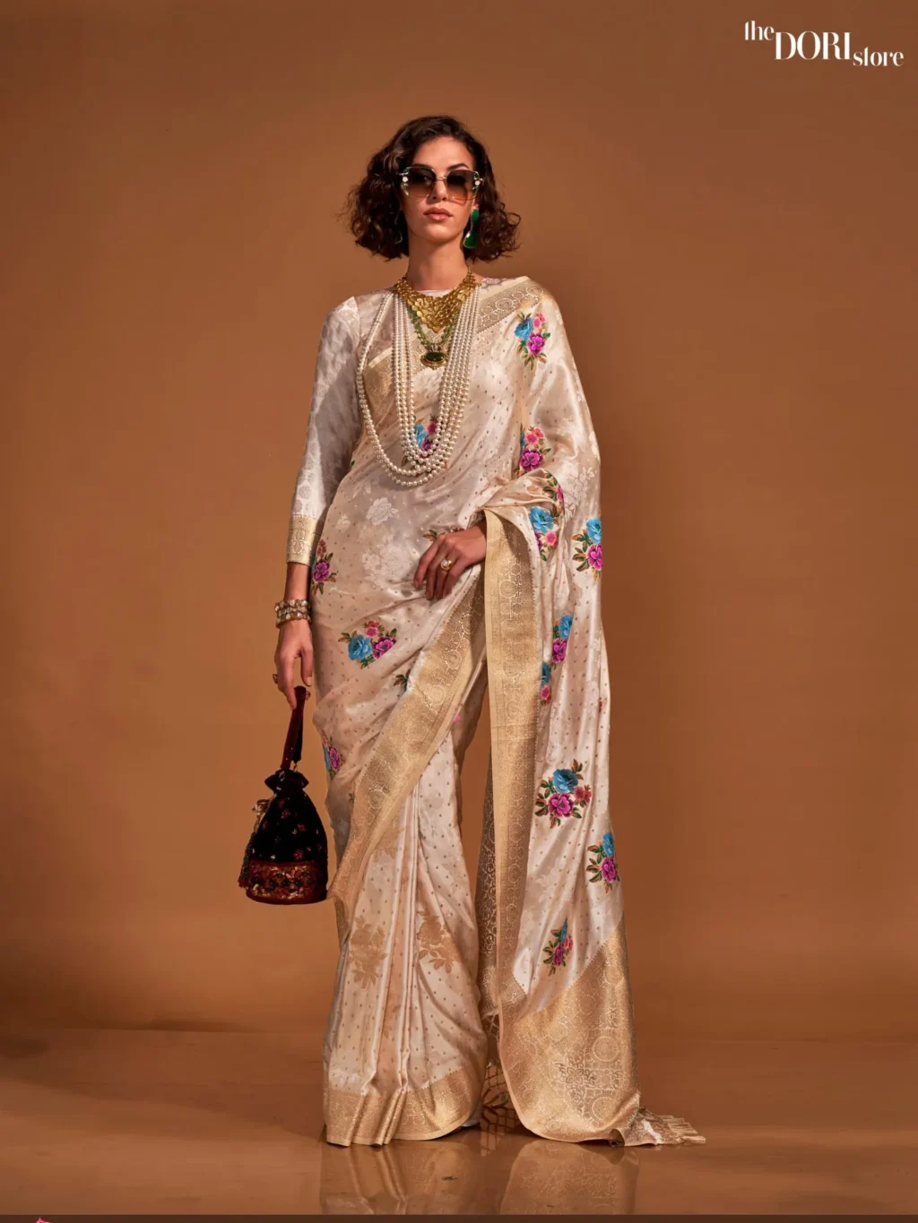 Goden Cream Partywear Handloom Satin Silk Saree - party wear saree