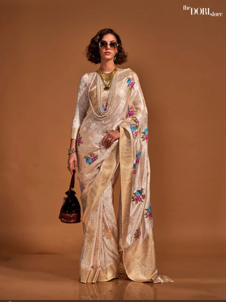 Goden Cream Partywear Handloom Satin Silk Saree - party wear saree
