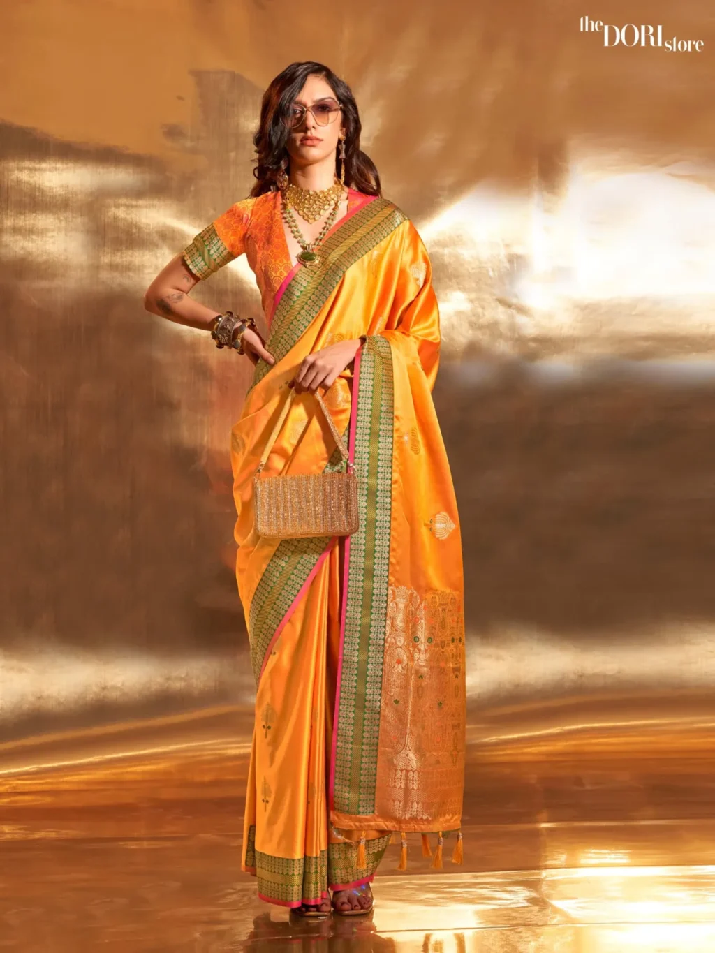 Mustard Yellow Woven Soft Banarasi Satin Silk Saree - party wear saree