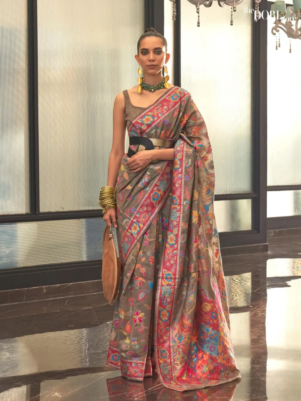 Royal Grey Kashmiri Floral Modal Handloom Silk Woven Saree - party wear saree