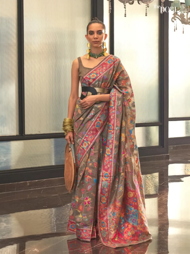 Royal Grey Kashmiri Floral Modal Handloom Silk Woven Saree - party wear saree