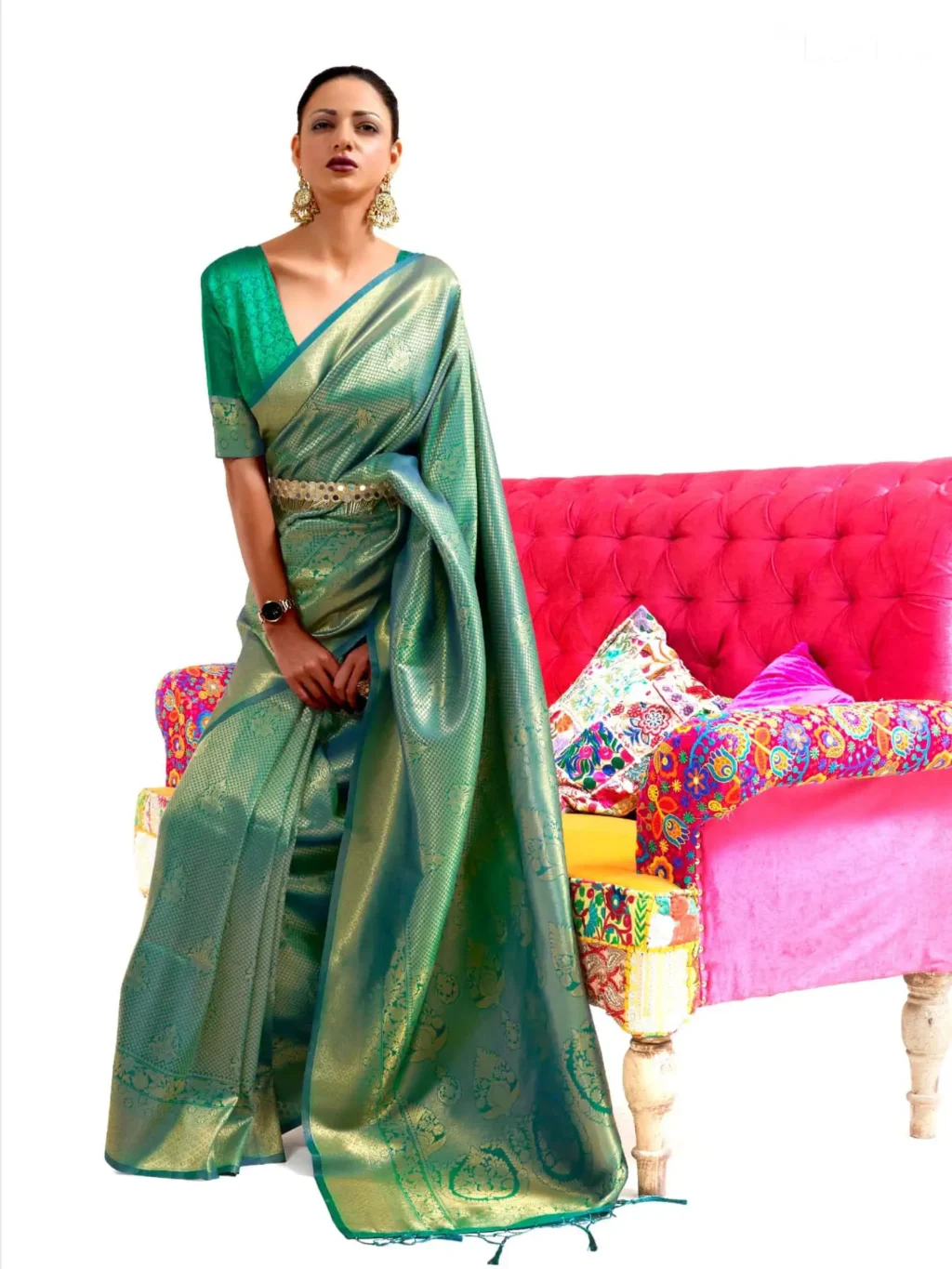 Ethnic Peacock Green Kanjeevaram Woven Silk Saree - party wear saree
