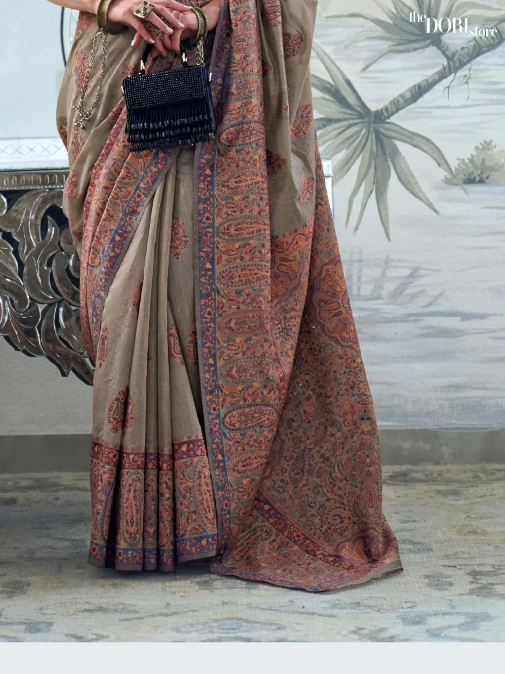 Ethnic Dark Grey Modal Kashmiri Handloom Silk Saree - Image 3