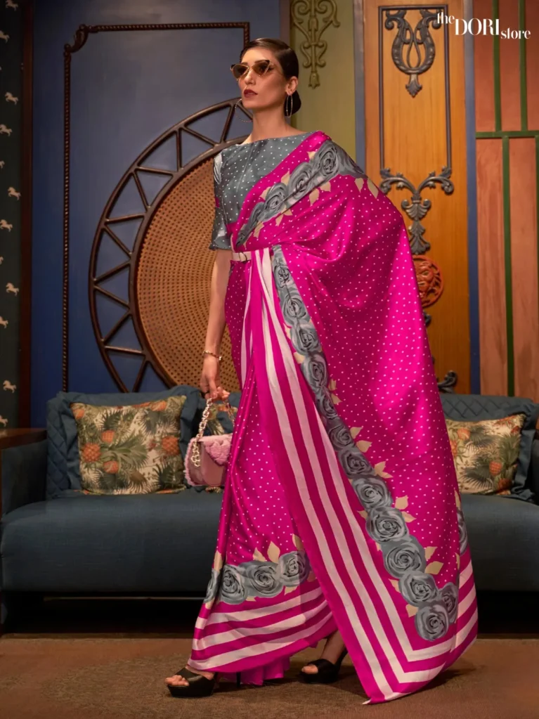Royal Dark Pink Printed Japan Satin Crepe Saree - party wear saree