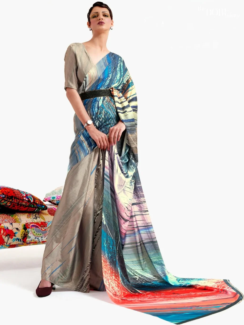 Rich Bluish Grey Digital Printed Soft Crepe Silk Saree - party wear saree