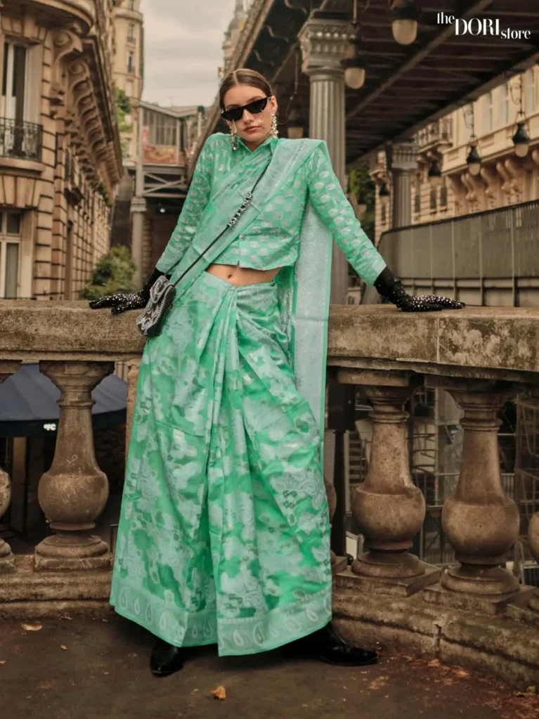 Sea Green Organza Chickankari Lucknowi Woven Silk Saree - party wear saree
