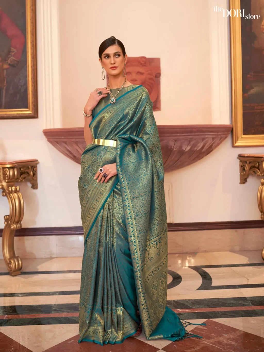 Royal Peacock Green Kanjeevaram Woven Silk Saree - party wear saree