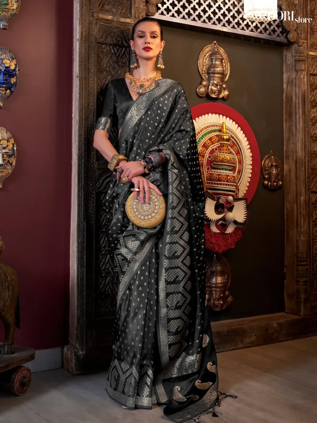 Jet Black Designer Pure Satin Silk Saree   - party wear saree