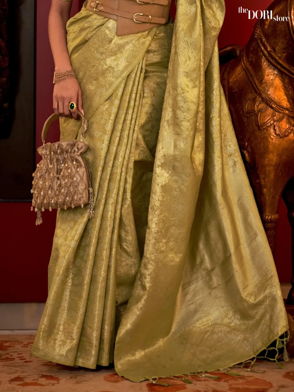Citron Green Partywear Banarasi Handloom Zari Silk Saree - Image 3