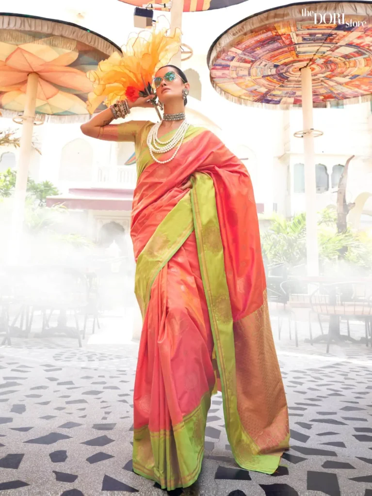 Green and Peach Pink Dual Tone Banarasi Silk Saree - party wear saree