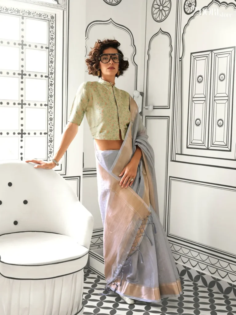 Ethnic Light Grey Moss Handloom Chiffon Silk Saree - party wear saree
