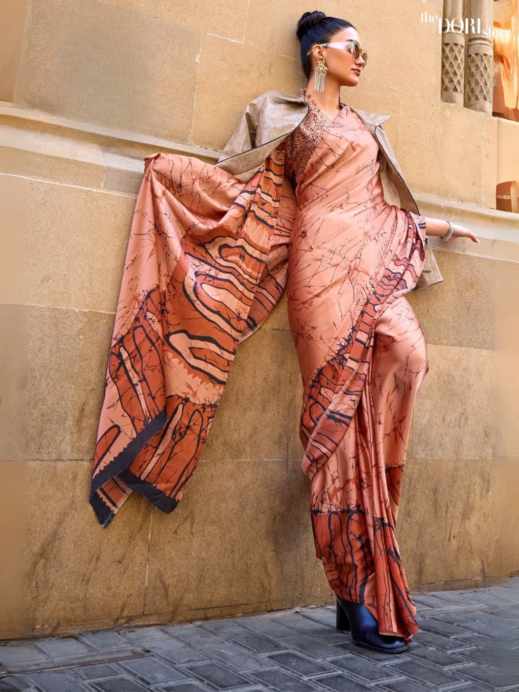 Glow Orange Satin Crepe Digital Printed Saree - party wear saree