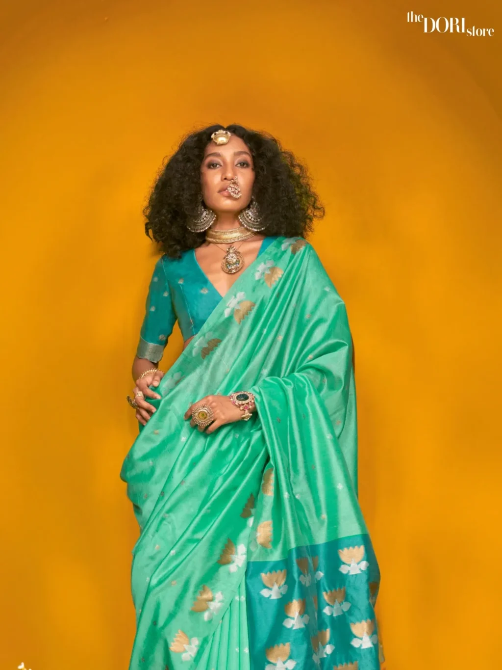 Turquoise Blue Tussar Handloom Banarasi Silk Saree - Image 3