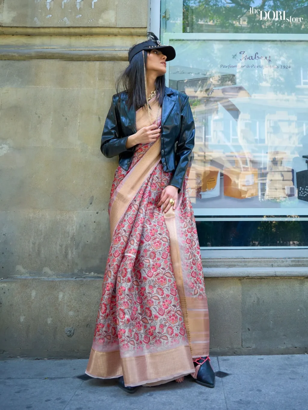 Grey and Pink Floral Pure Satin Organza Silk Saree - party wear saree