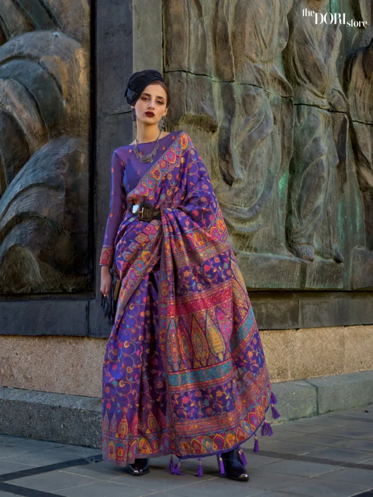 Bright Purple Kashmiri Organza Soft Silk Saree - party wear saree