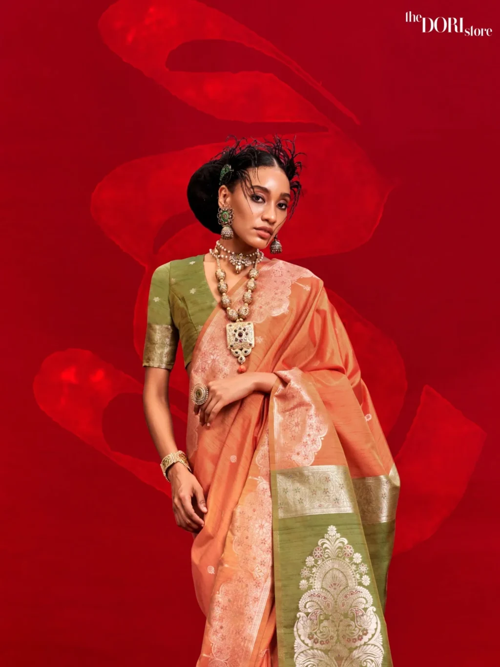 Glow Orange Tussar Banarasi Silk Saree - Image 3