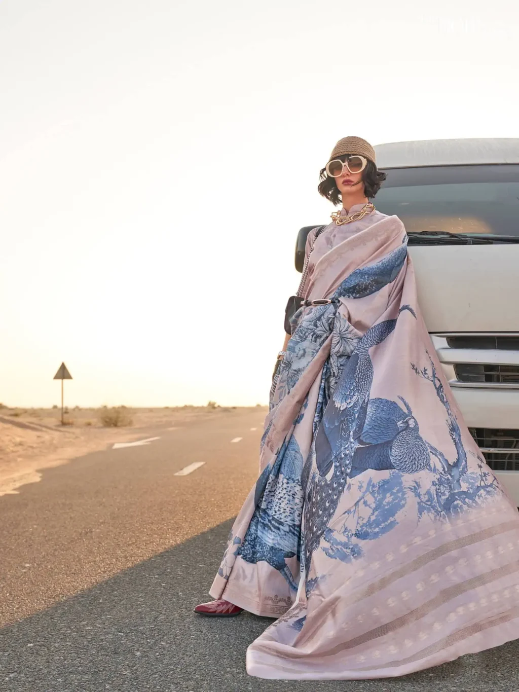 Bluish Slate Grey Soft Tussar Printed Silk Saree - party wear saree