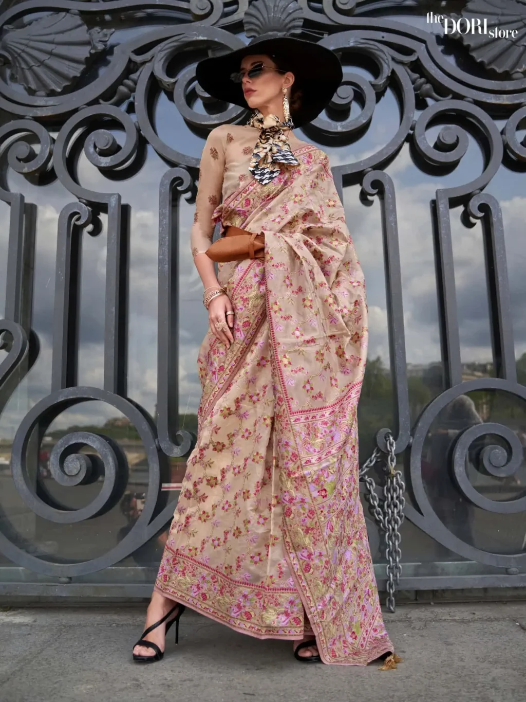 Beige Cream Handloom Parsi Organza Woven Silk Saree  - party wear saree