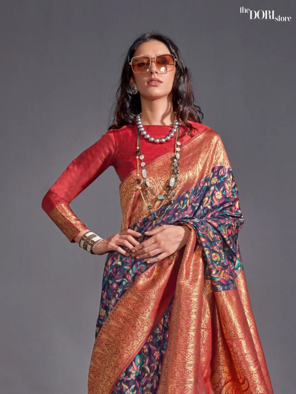 Red and Blue Modal Kashmiri Woven Silk Saree - Image 3