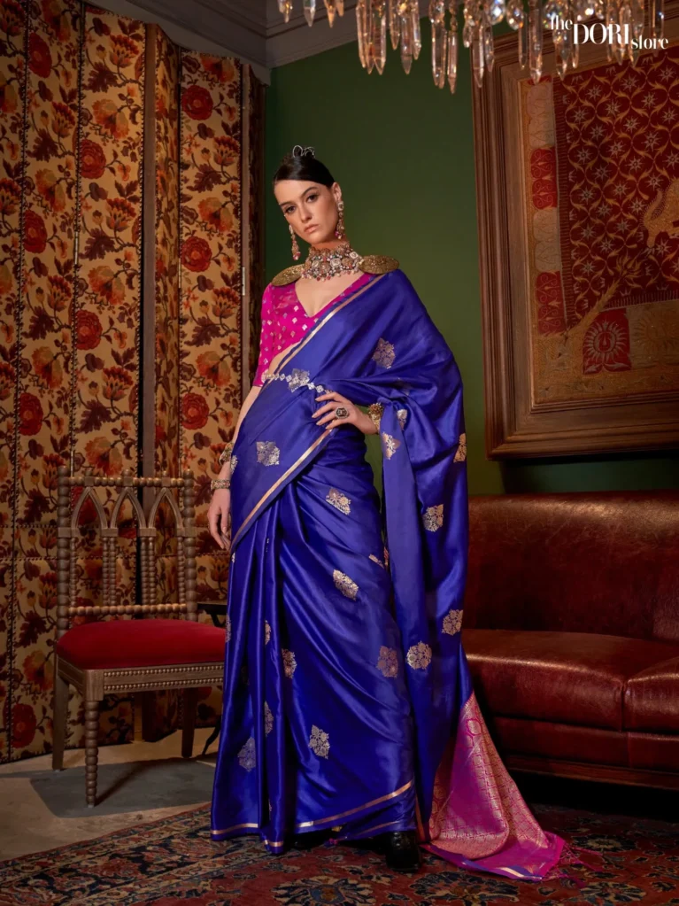 Royal Blue Pure Satin Silk Saree with Contrast Blouse - party wear saree