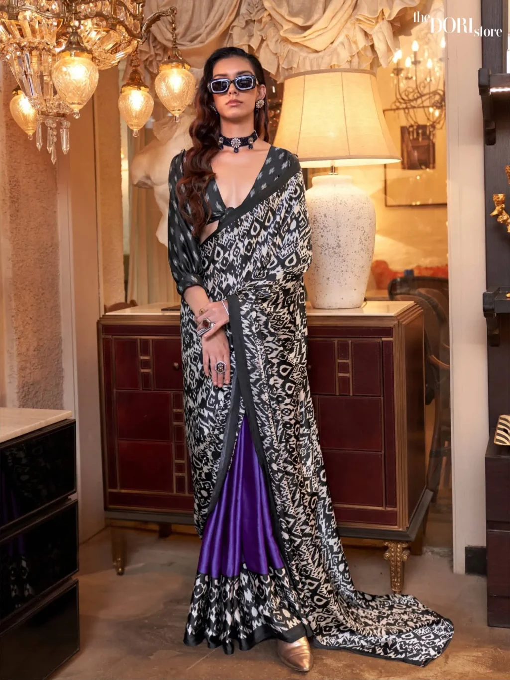 Royal White and Black Patola Printed Crepe Silk Saree - party wear saree