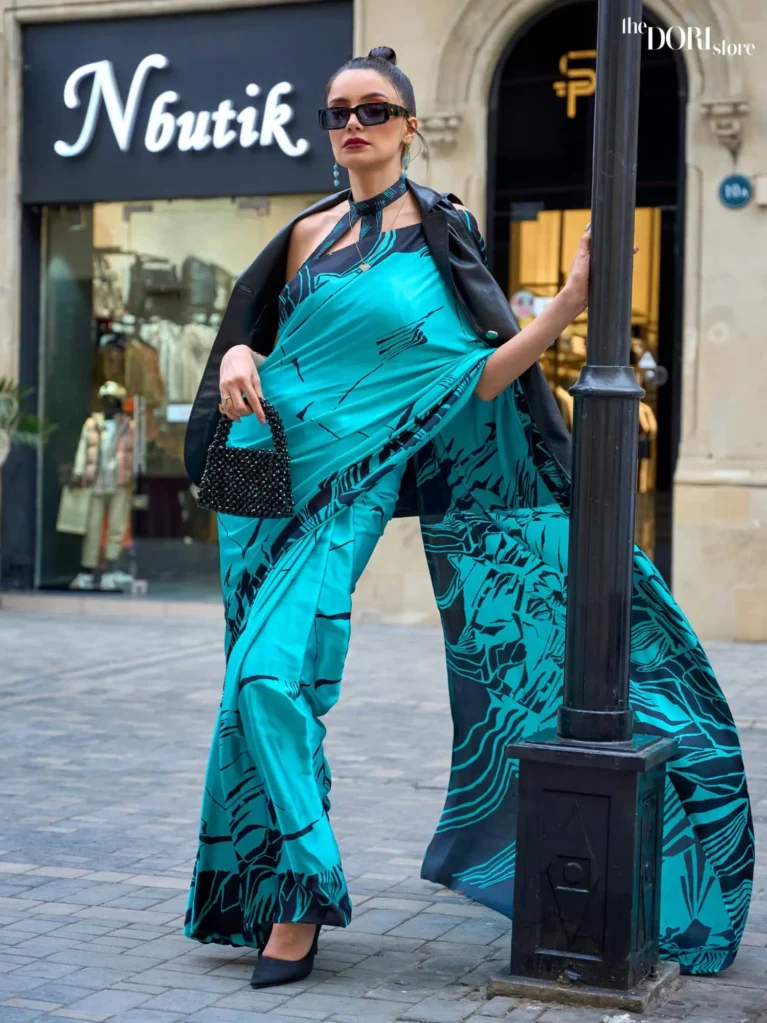 Ethnic Dark Water Blue Japan Satin Printed Silk Saree - party wear saree