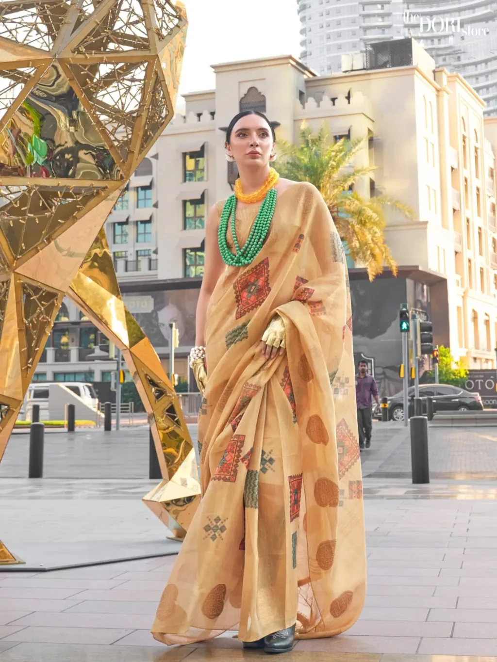 Creamish Yellow Printed Handloom Linen saree Saree - party wear saree