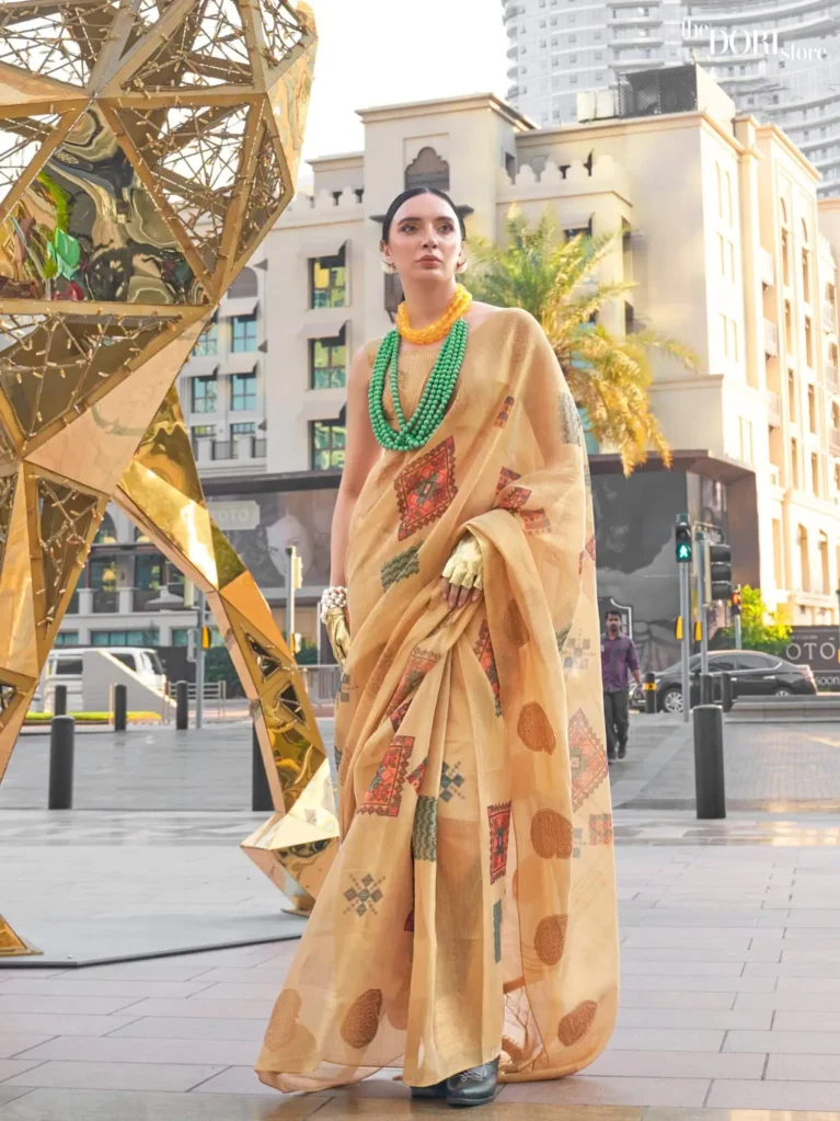 Creamish Yellow Printed Handloom Linen saree Saree - party wear saree