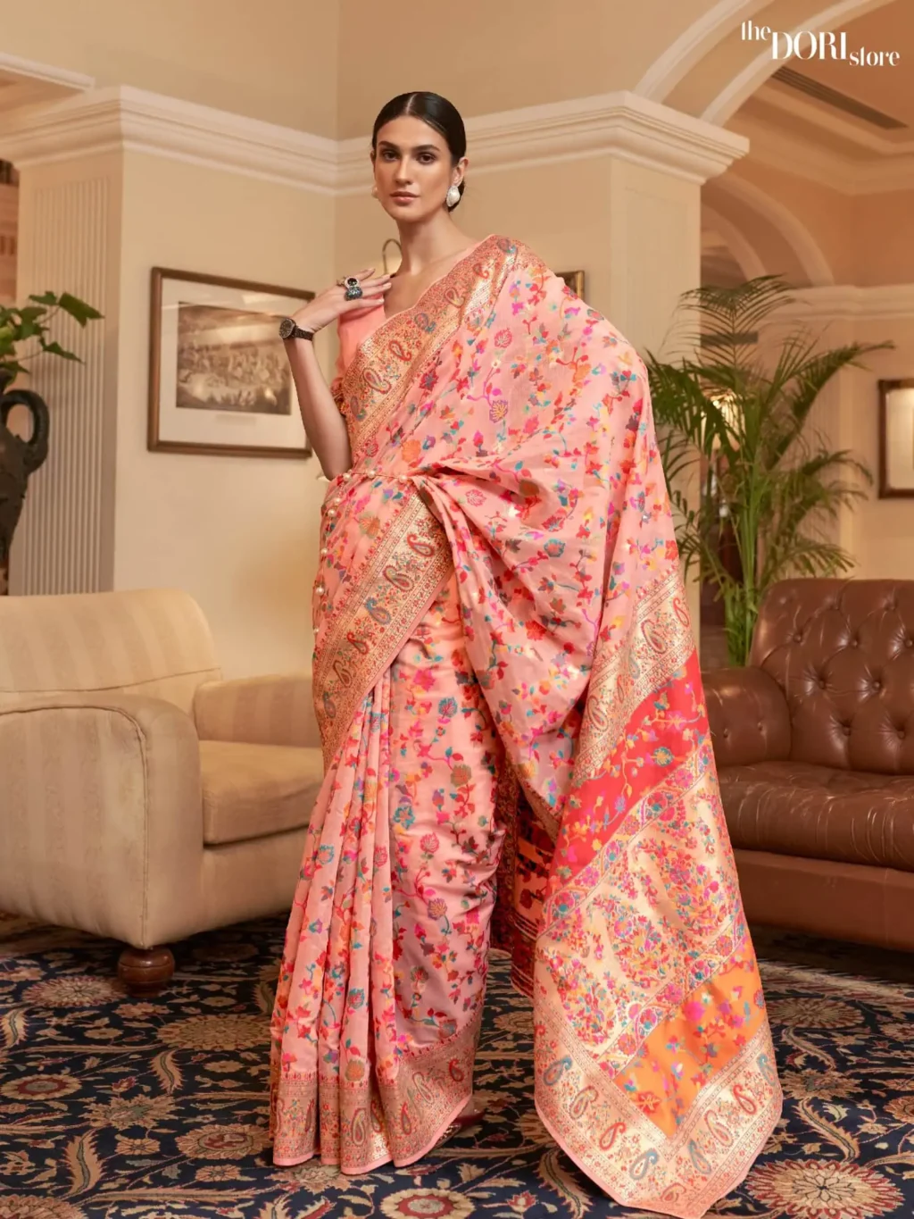 Peach Pink Kashmiri Jamewar Silk Saree - party wear saree