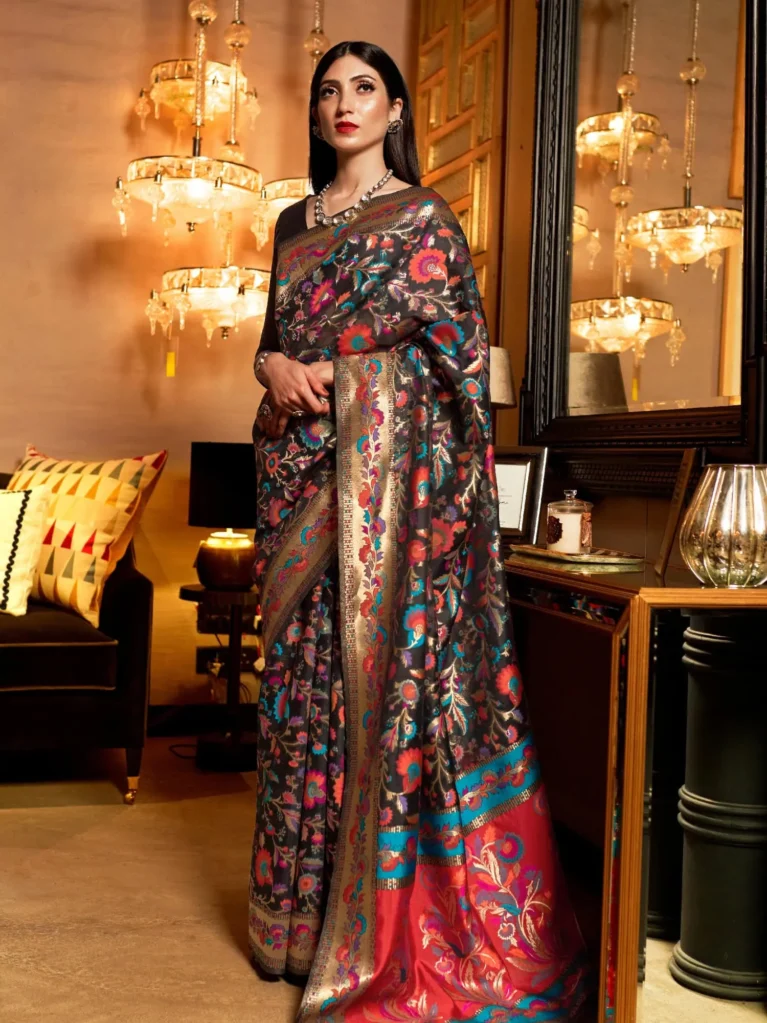 Royal Black Jamewar Kashmiri Silk Saree - party wear saree