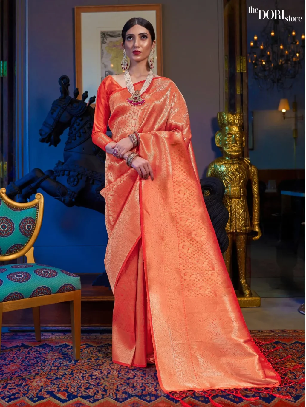 Mystic Orange Glow Kanjeevaram Silk Saree - party wear saree
