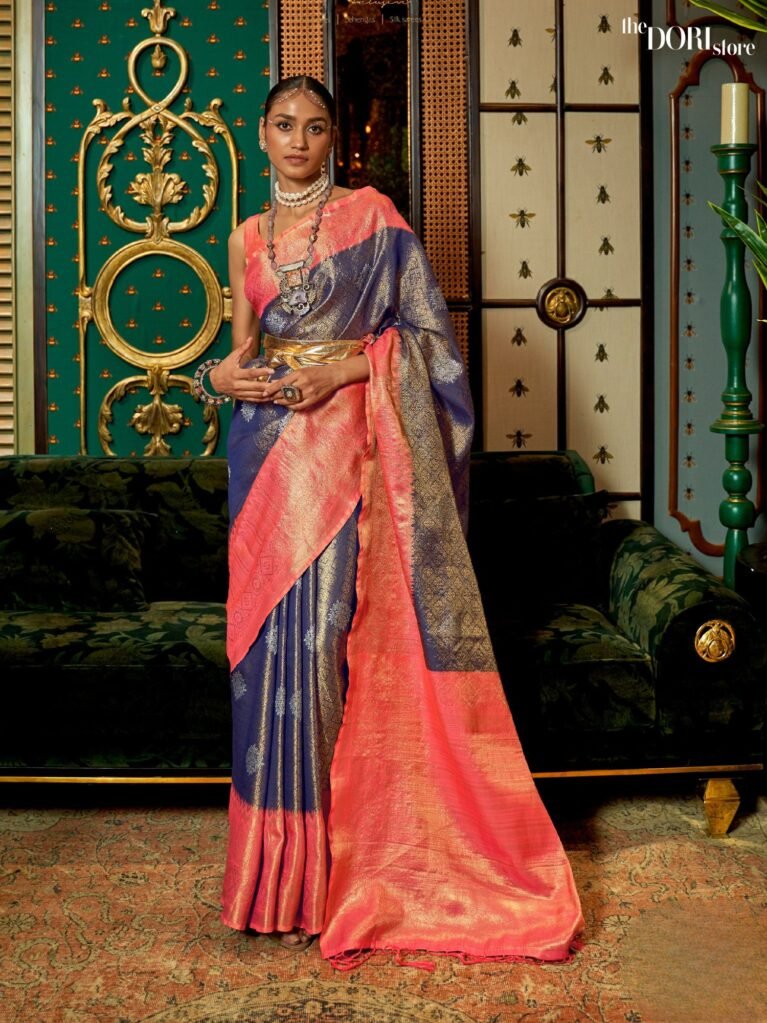 Peach Blue Ethnic Designer Kanjeevaram Silk Saree - party wear saree