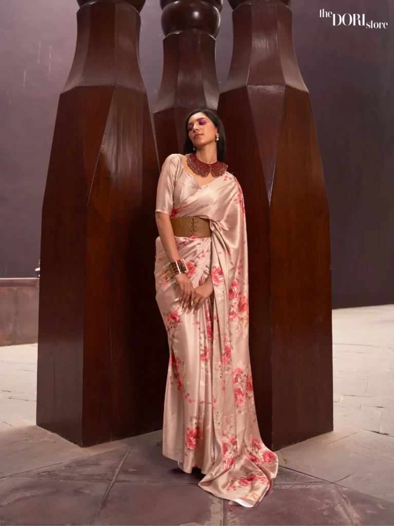 Peach Pink Digital Print Satin Crepe Silk Saree - party wear saree
