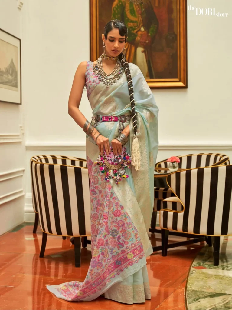 Light Blue Handloom Woven Silk Saree with Kashmiri Pallu - party wear saree