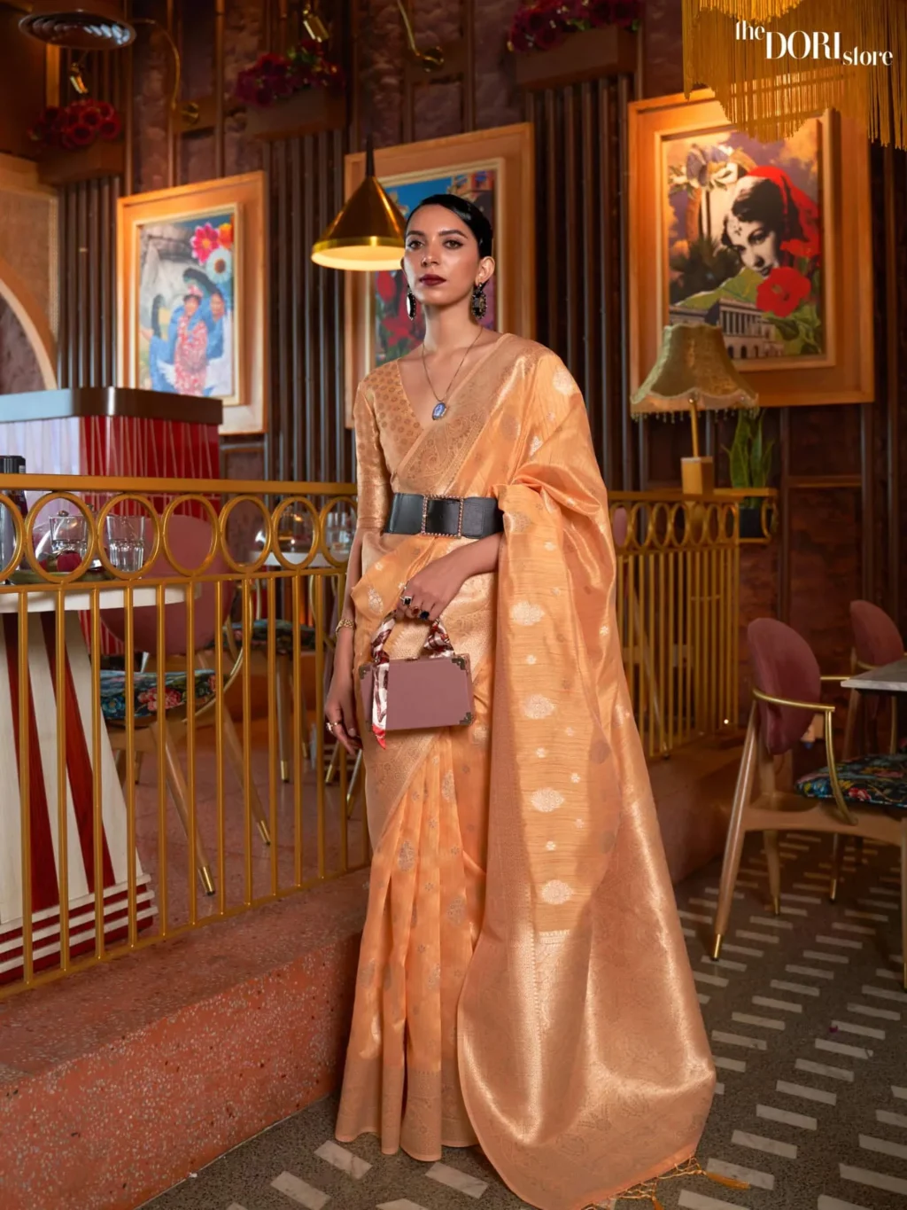 Pastel Orange Designer  Banarasi Tussar Silk Saree  - party wear saree