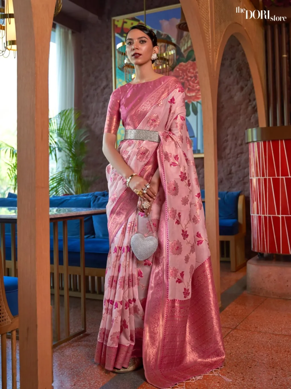 Pastel Pink Floral Organza Shimmer Silk Zari Woven Saree - party wear saree