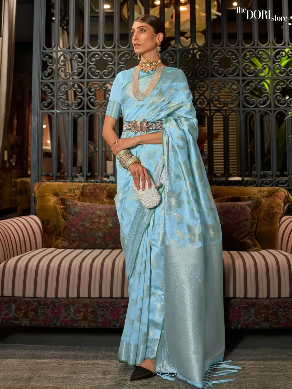 Light Blue Designer Zari Woven Banarasi Silk Saree - party wear saree